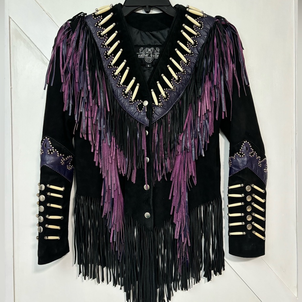 Edgy Black and Purple Fringe Leather Jacket
